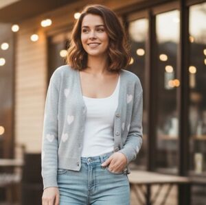 Pink Rose | Gray & Light Pink Heart Print Cardigan - S